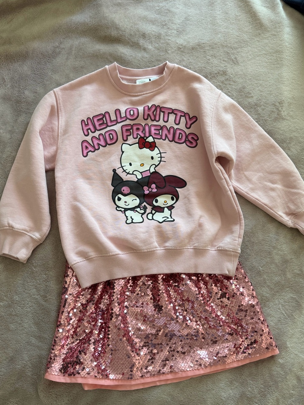 Zara Sanrio Hello Kitty and Friends Pink Sweatshirt  H&M Sequin Skirt Size 6-8